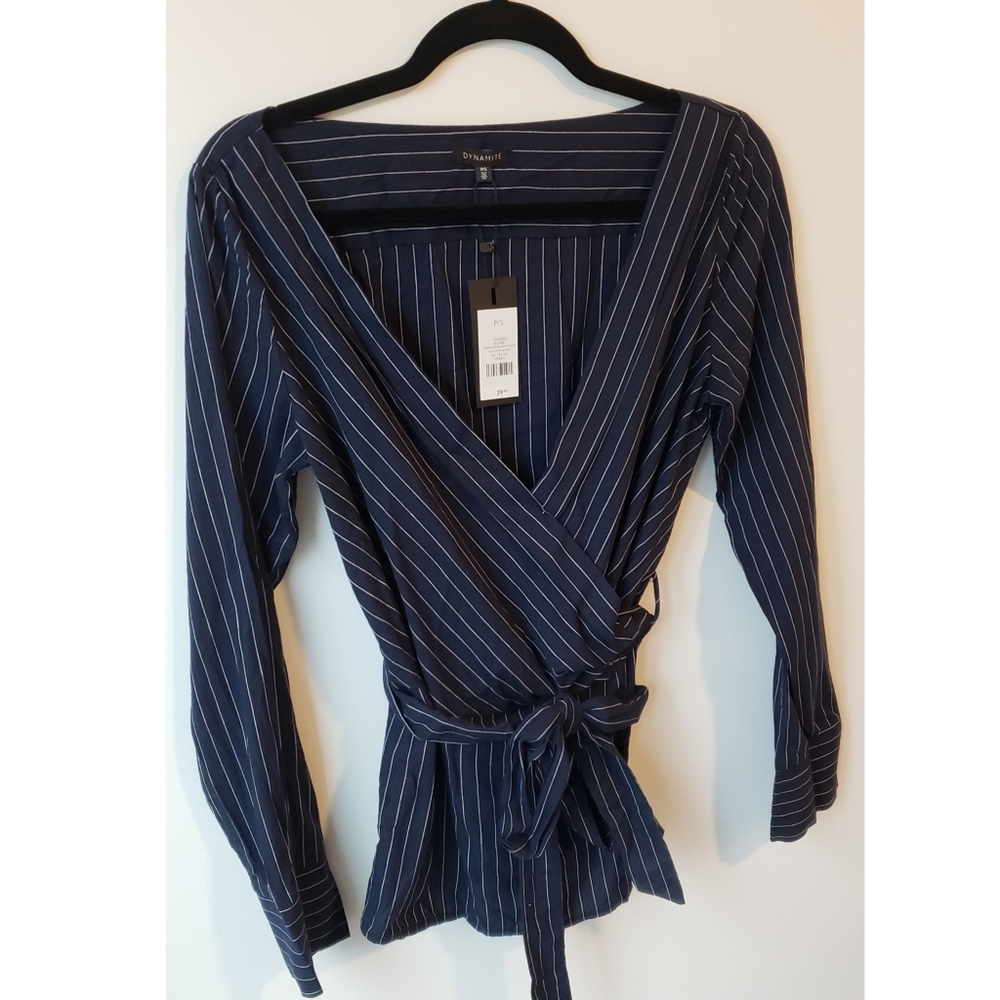 Dynamite navy blue stripped wrap blouse - Picture 1 of 2